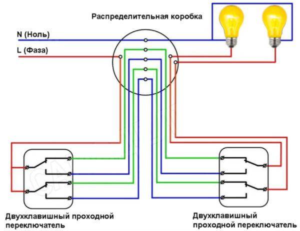 Схема и подробный способ подключения проходного выключателя с 3х мест