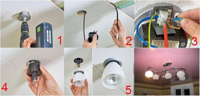 Монтаж точечных светильников в пластиковый потолок: схема разводки проводов