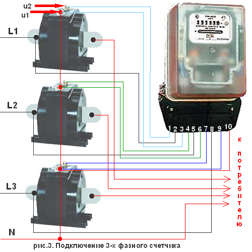 Десятипроводная схема подключения счетчика через трансформаторы тока