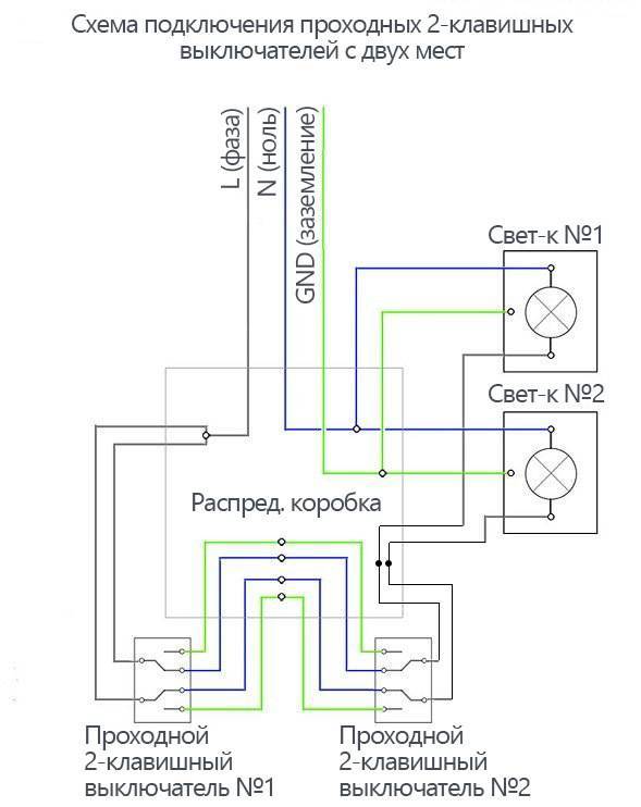 Управление освещением с трех мест: схема подключения, с помощью проходных переключателей и перекрёстных