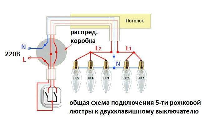 Схема подключения люстры с двойным выключателем (видео)