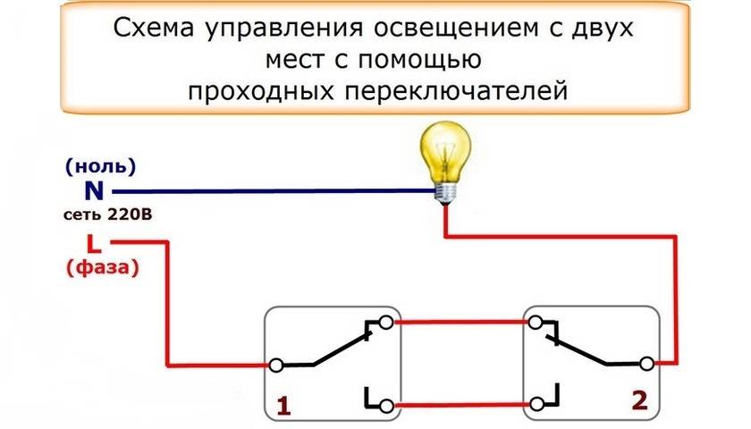 Управление освещением с двух мест с помощью проходных выключателей
