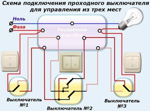 Проходной выключатель на 3 точки схема подключения - tokzamer.ru
