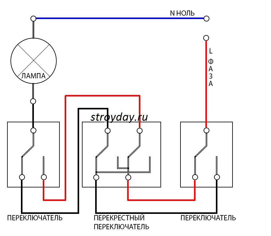 Схема подключения проходного выключателя с 2-х, 3-х и 4-х мест