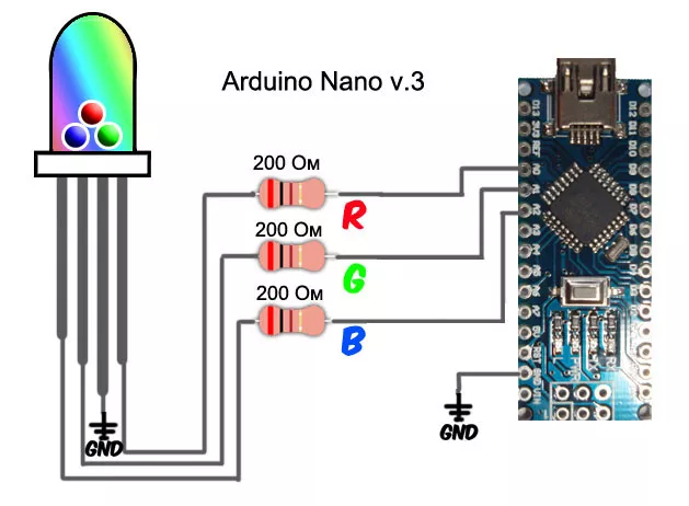 Подключение трехцветного светодиода к arduino uno: схема и программа