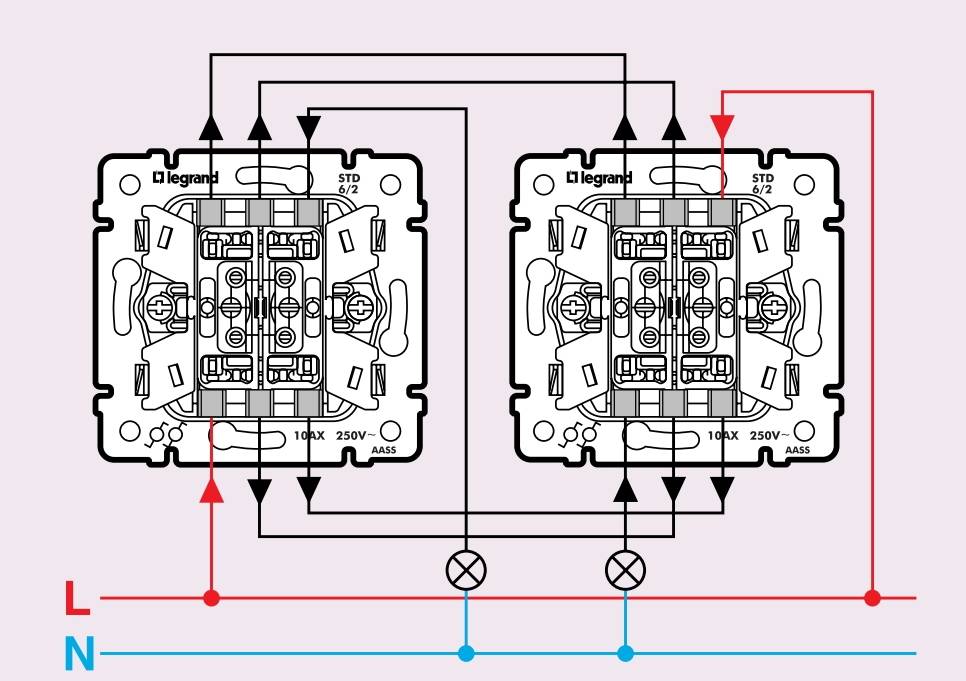 Схема проходного выключателя с двух мест: пошаговый монтаж 